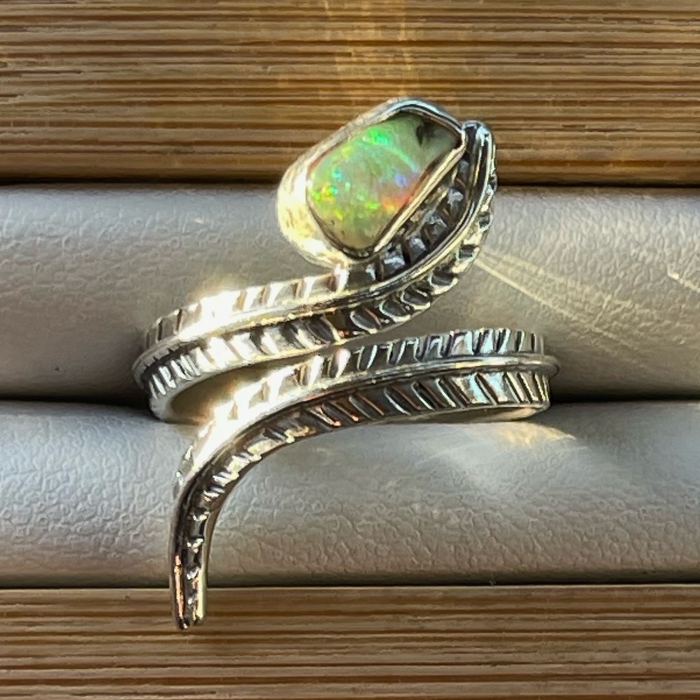 Natural Ethiopian Opal Rough Sterling Silver Adjustable ‘feather’ Ring